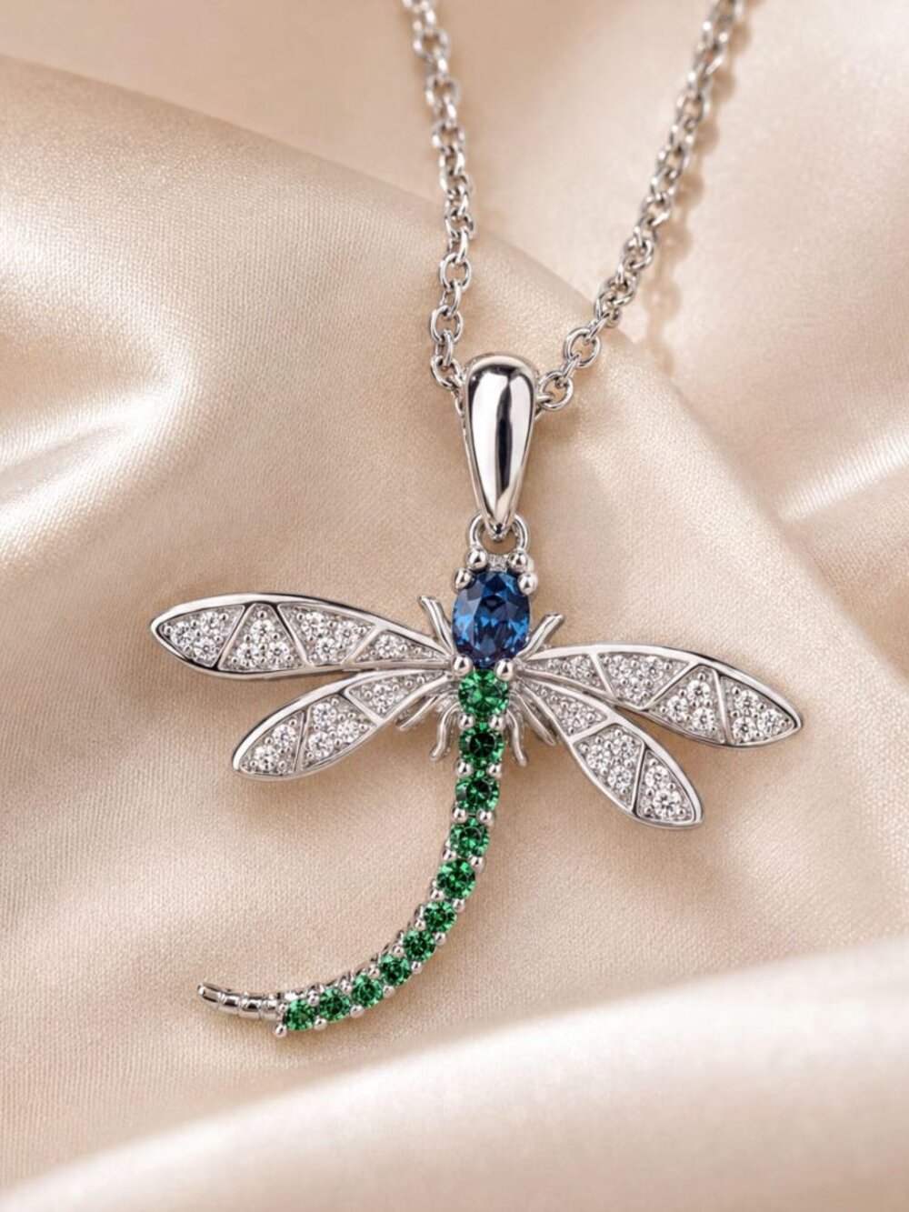 Silver Crystal Dragonfly Necklace Blue Green Rhinestone Fairycore Boho